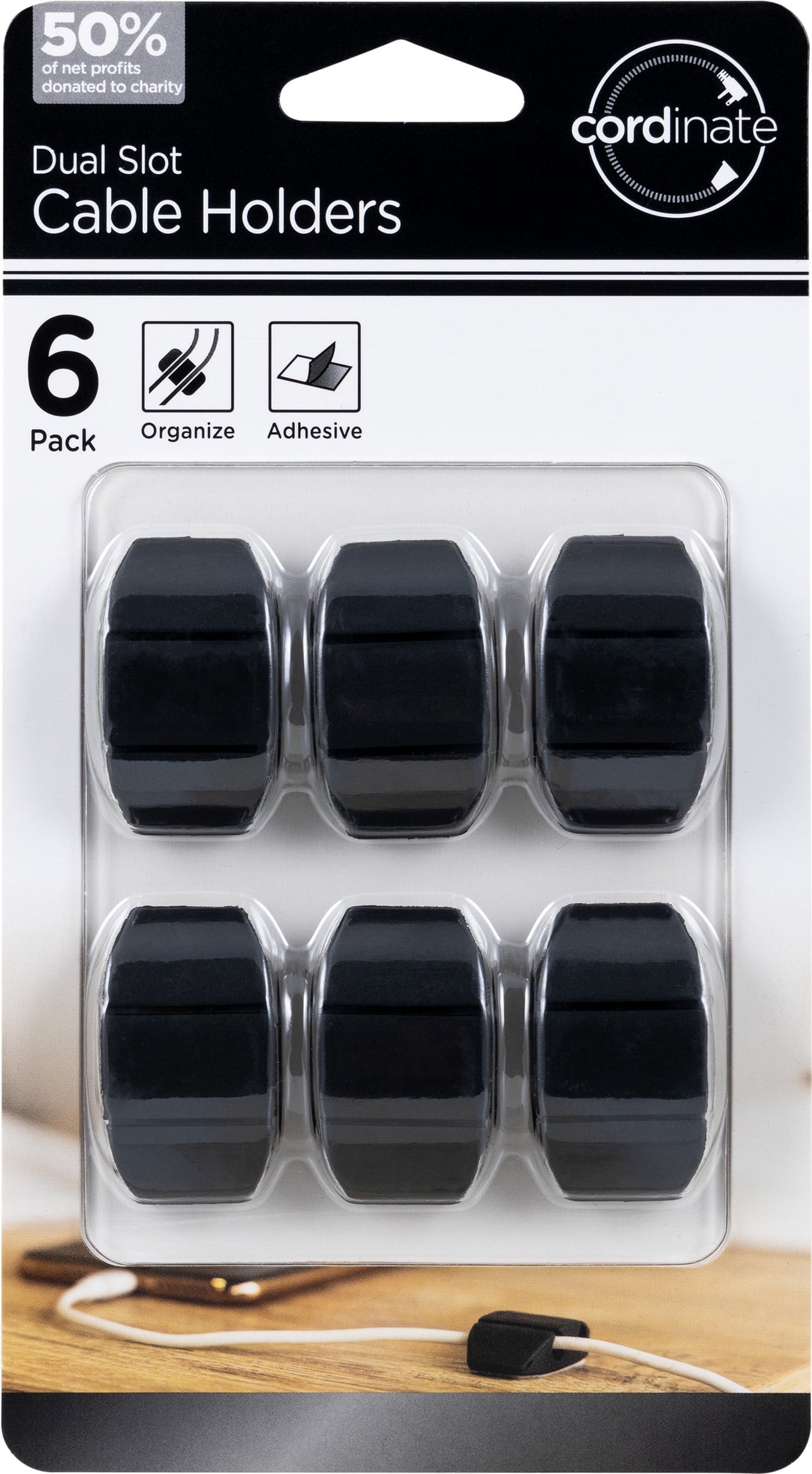 Cordinate Cable Management Dots, Dual Slot, Black, 6pk
