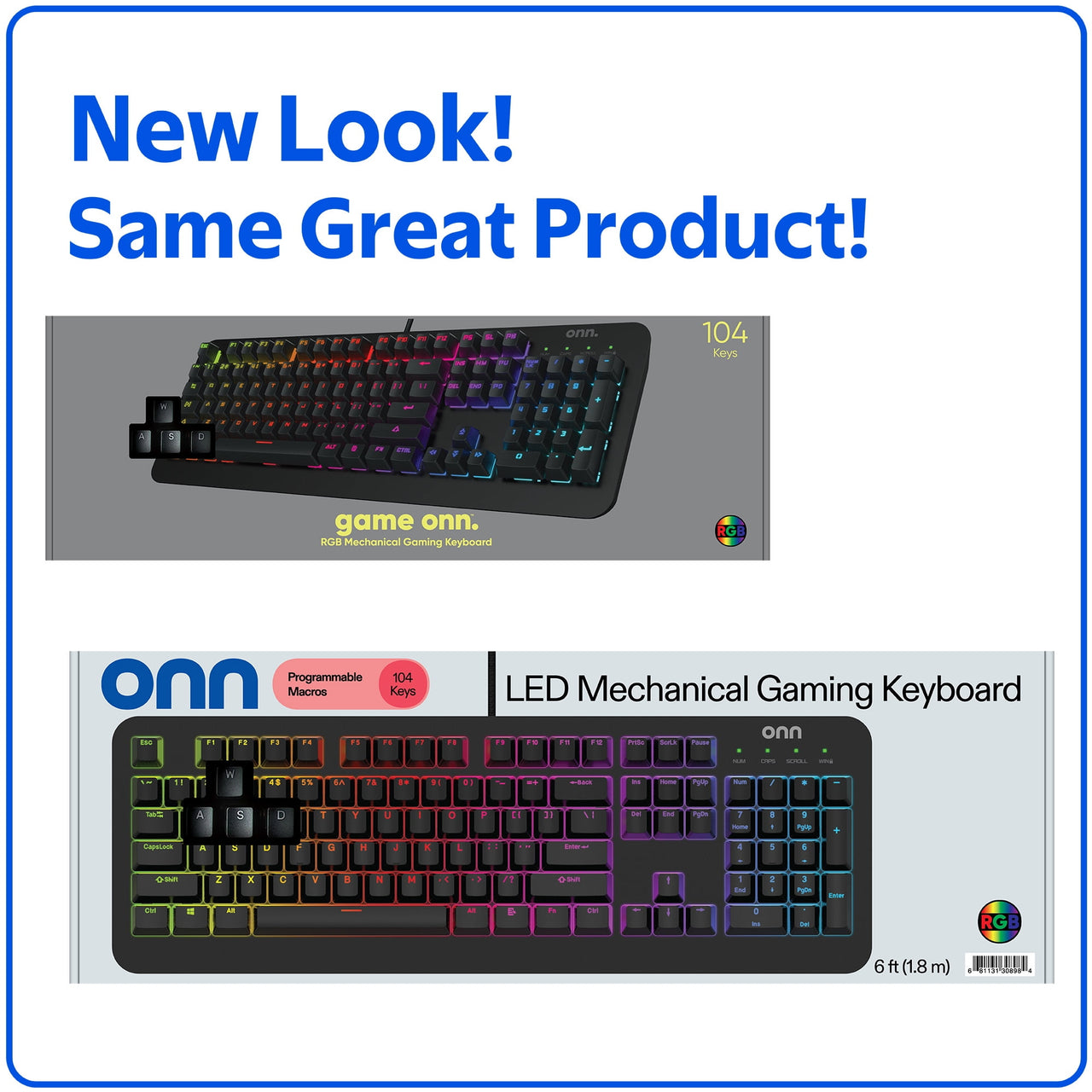 onn Gaming Mechanical Keyboard with Blue Switches, Adjustable 16.8M LED Lighting, 104 Keys, Black