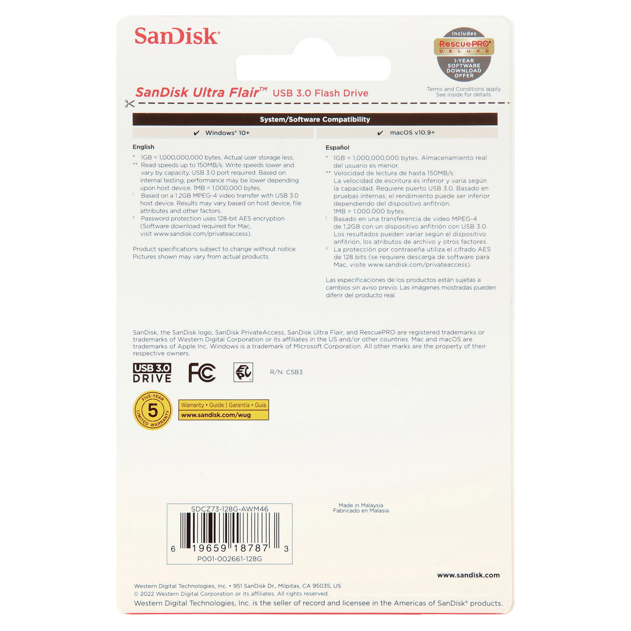 SanDisk 128GB Ultra Flair USB 3.0 Flash Drive - SDCZ73-128G-AW46