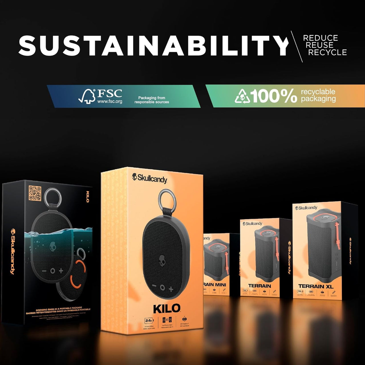 Skullcandy Kilo XT Wireless Bluetooth Speaker - IPX7 Waterproof Mini Speaker with 24 Hour Battery and True Wireless Pairing - for Outdoor, Black