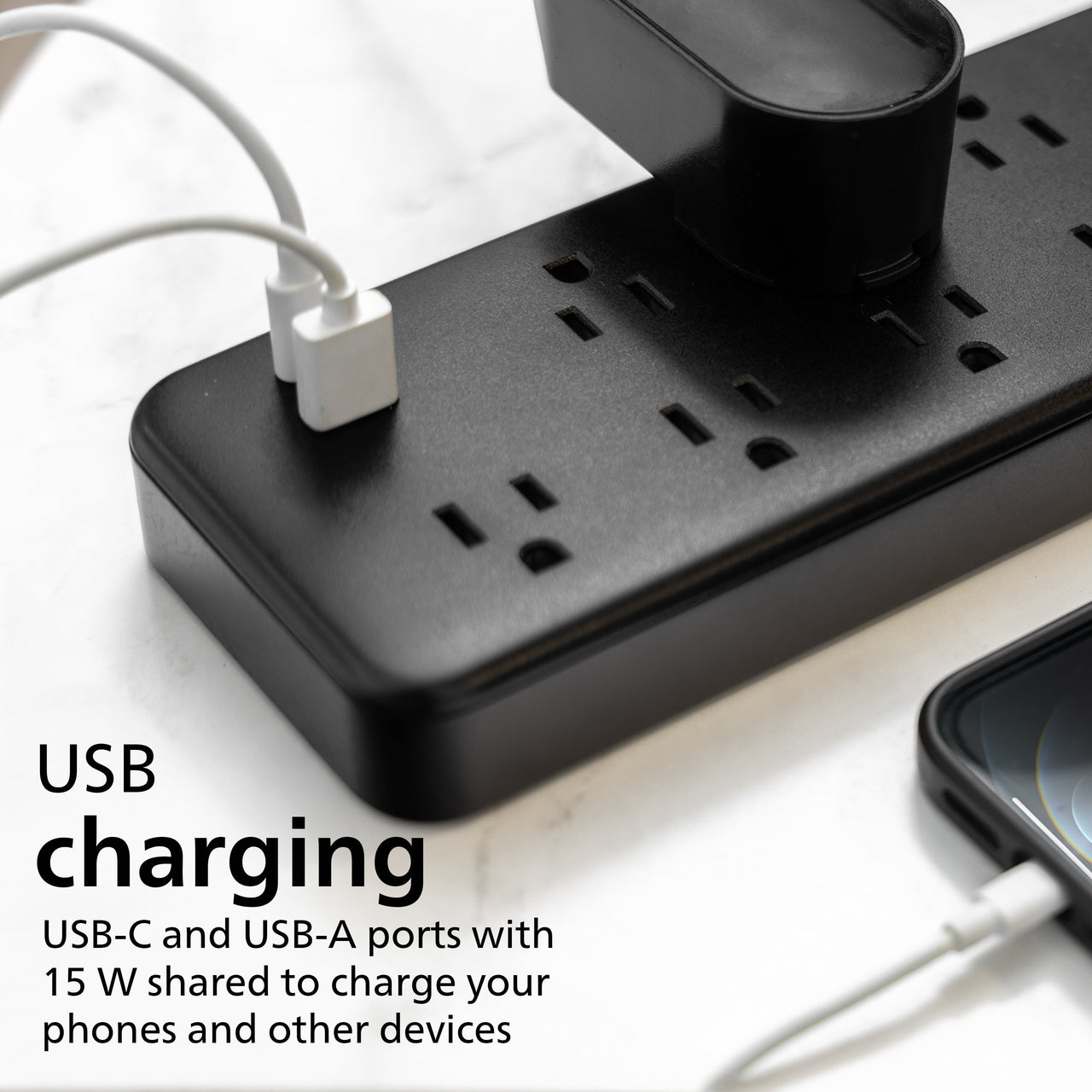 Philips 6-ft 9-Outlet Surge Protector, 1 USB-A, 1 USB-C, 15W, 2400J, Braided Cord, 6ft, Black