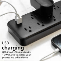 Philips 6-ft 9-Outlet Surge Protector, 1 USB-A, 1 USB-C, 15W, 2400J, Braided Cord, 6ft, Black