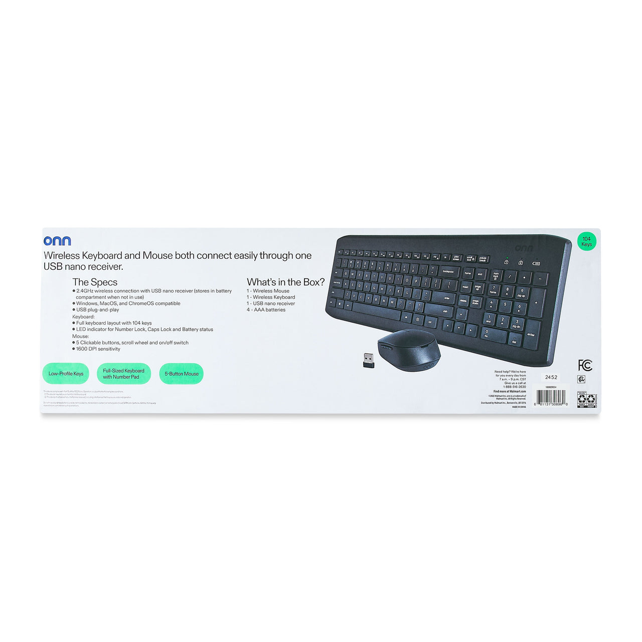 onn Wireless Keyboard & Mouse Combo, 104 Keys, Optical, USB Nano Receiver, Greystone