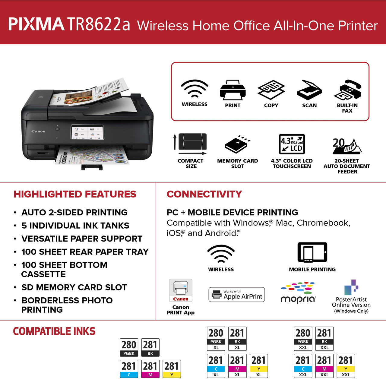 Canon PIXMA TR8622a All-In-One, Wireless Color Inkjet Printer for Home Office Use