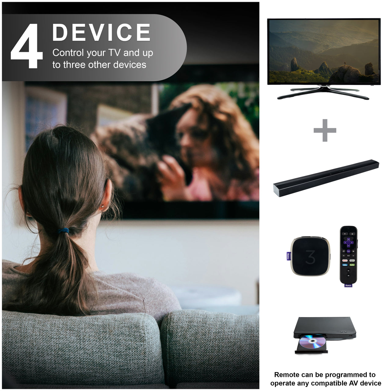 GE Universal Remote Control, 4 Device, Backlit, Rechargeable, Artic White, 80984