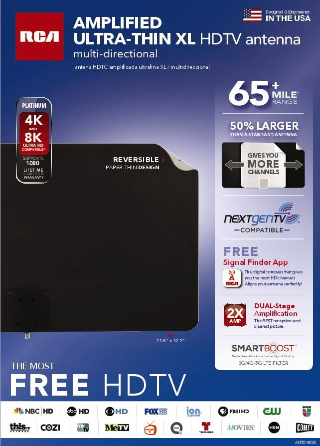 RCA Amplified Extra-Large Indoor Ultra-Thin HDTV Antenna - Multi-Directional with 65-mile Range