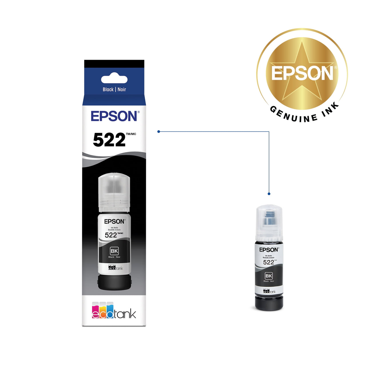 Epson 522 EcoTank Ink Ultra-high Capacity Bottle Black  (T522120-S) Works with EcoTank ET-2720, ET-2800, ET-2803, ET-2840, ET-4700, ET-4800, ET-4810