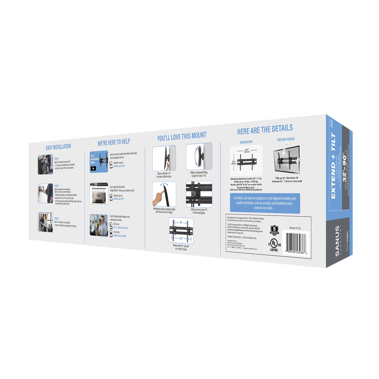 SANUS Vuepoint Extendable Tilt TV Wall Mount for 32" to 90" TVs, Max Tilt and Easy Cable Access, Easy DIY Install