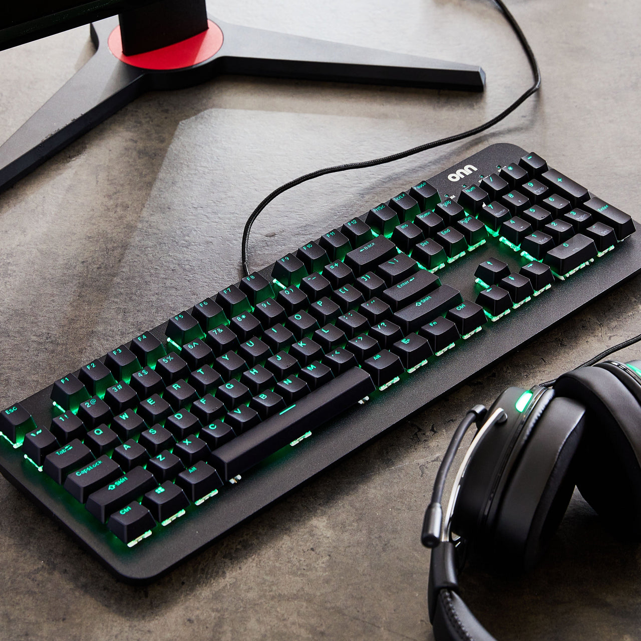 onn Gaming Mechanical Keyboard with Blue Switches, Adjustable 16.8M LED Lighting, 104 Keys, Black