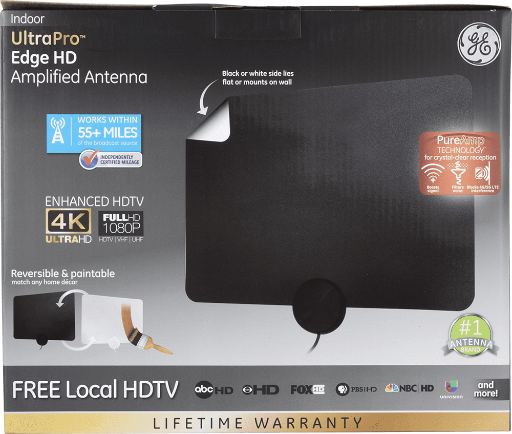 GE Amplified Indoor HDTV Antenna, 55-mile Range, VHF 1080P 4K, Black, 48862