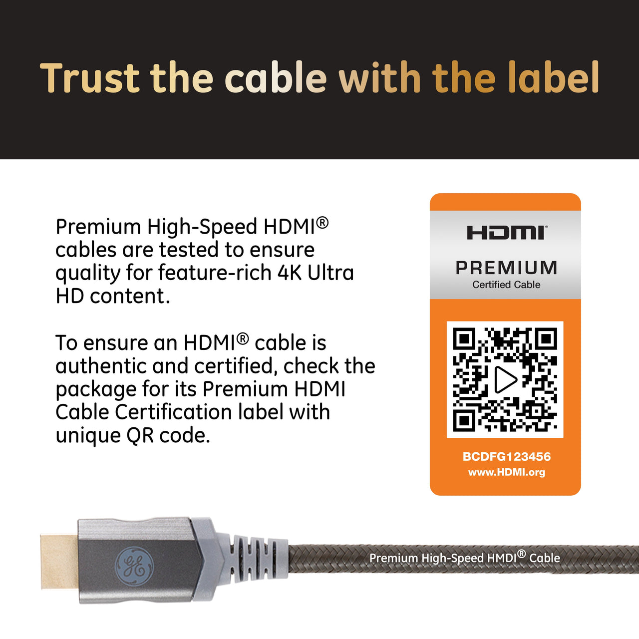GE 4ft 4K HDMI 2.0 Cable with Built-in Ethernet, Gold-plated connectors, 48719