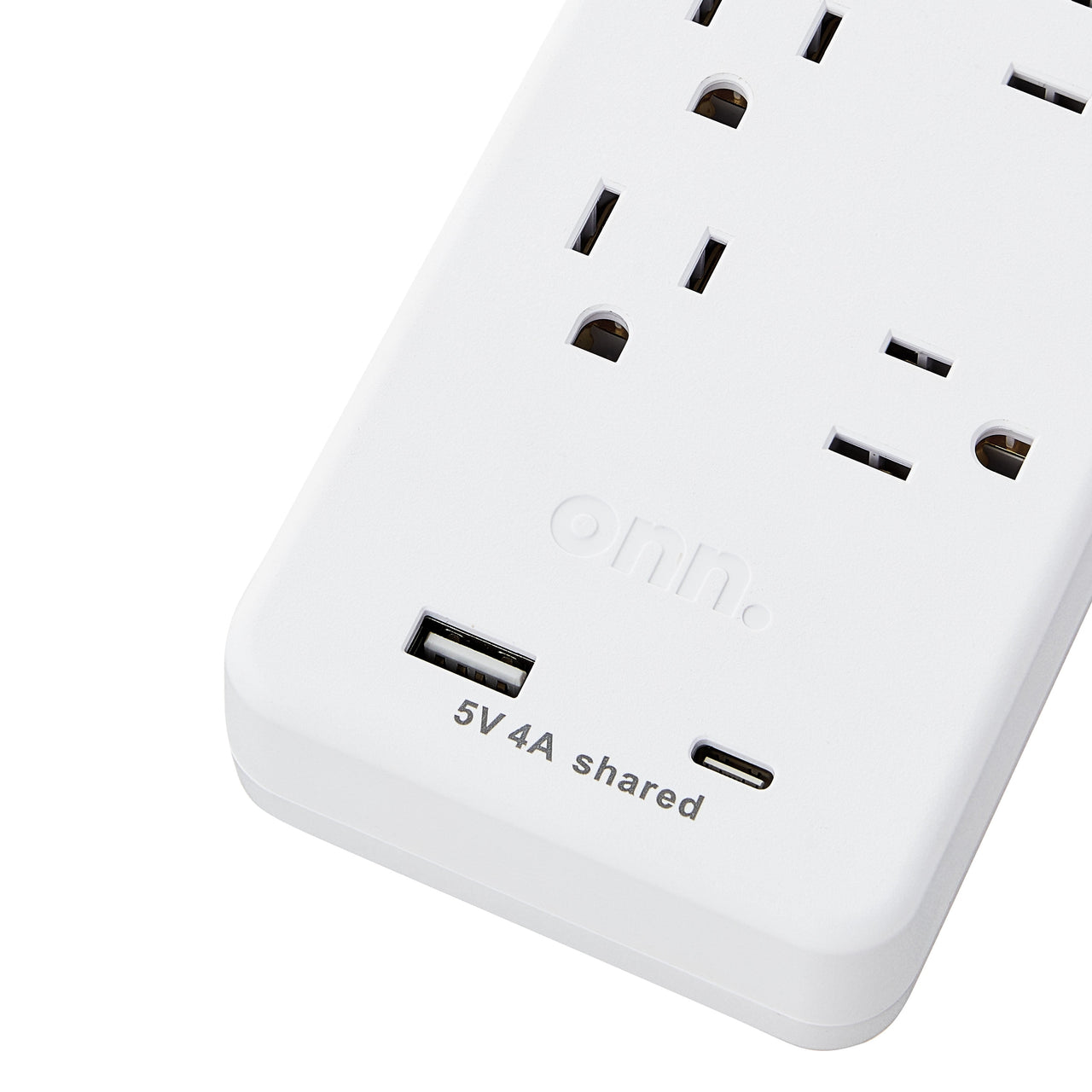 onn 7-Outlet Surge Protector with 1 USB Port, and 1 USB-C Port, and 2.5' Power Cord, White
