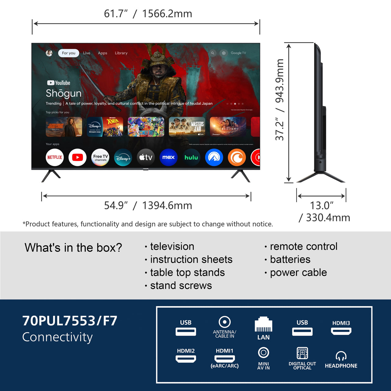 Philips 70" Class 4K Ultra HD (2160p) Google Smart LED Television (70PUL7553/F7)