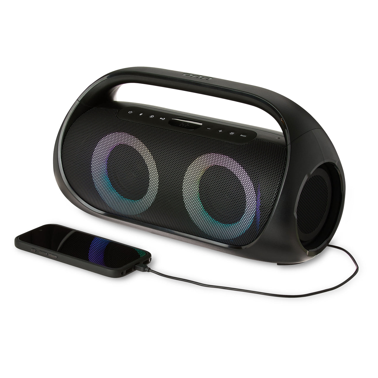 onn Portable FM Boombox with LED Lighting