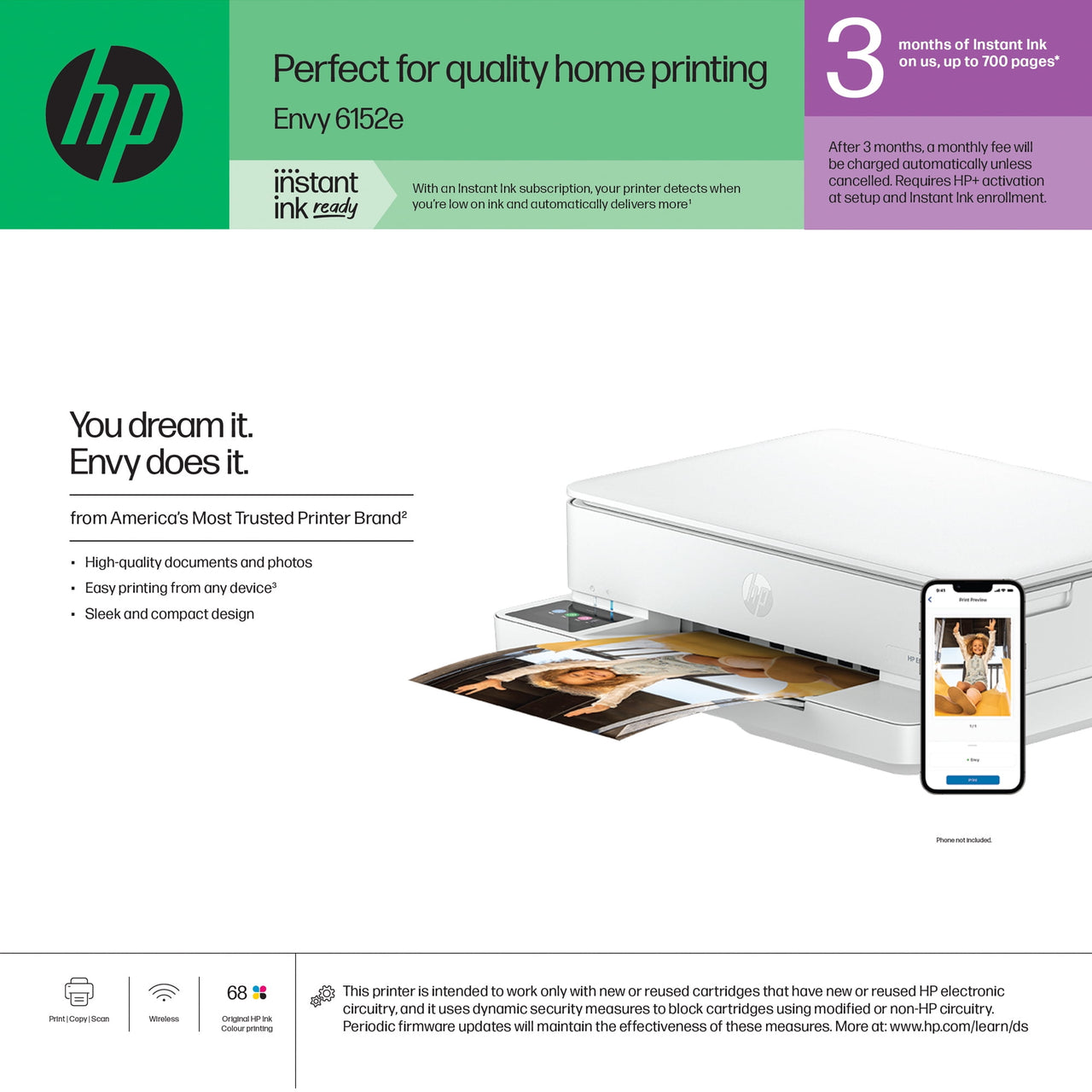 HP Envy 6152e Wireless All-in-One Color Photo Inkjet Printer, Scanner, Copier, 3mos FREE Instant Ink