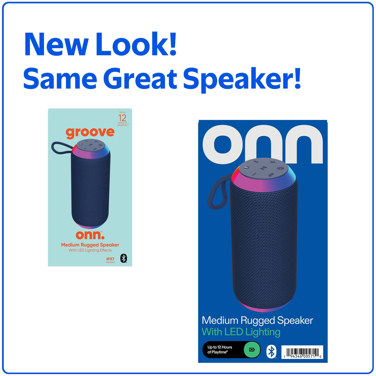onn Medium Rugged Speaker with Bluetooth Wireless Technology and LED Lighting, Navy