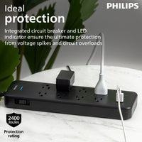 Philips 6-ft 9-Outlet Surge Protector, 1 USB-A, 1 USB-C, 15W, 2400J, Braided Cord, 6ft, Black