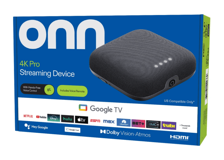 onn 4K Pro Streaming Device, Google TV with Gemini* - Ultra-fast Streaming, Stunning 4K UHD, 32GB Storage, 3GB RAM, Dolby Vision & Atmos, Find My Remote with Backlight, Ethernet Port