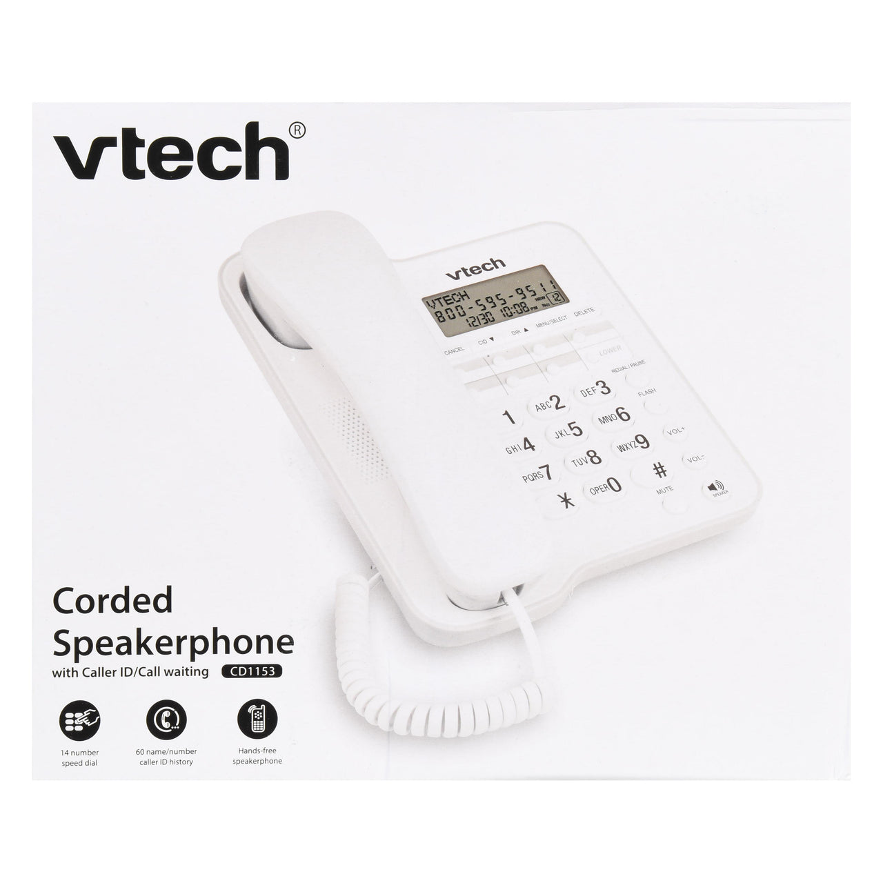 VTech CD1153 White, Corded, Table Top Speakerphone with Caller ID, Ringer Volume Control, No AC Power Required, 60 Number Caller ID History