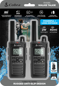 Cobra RX685 Walkie Talkies Two-Way Radios (Pair), 40-mile Range and 60 Channels with 121 Privacy Codes - IP54 Waterproof & NOAA Weather Alerts