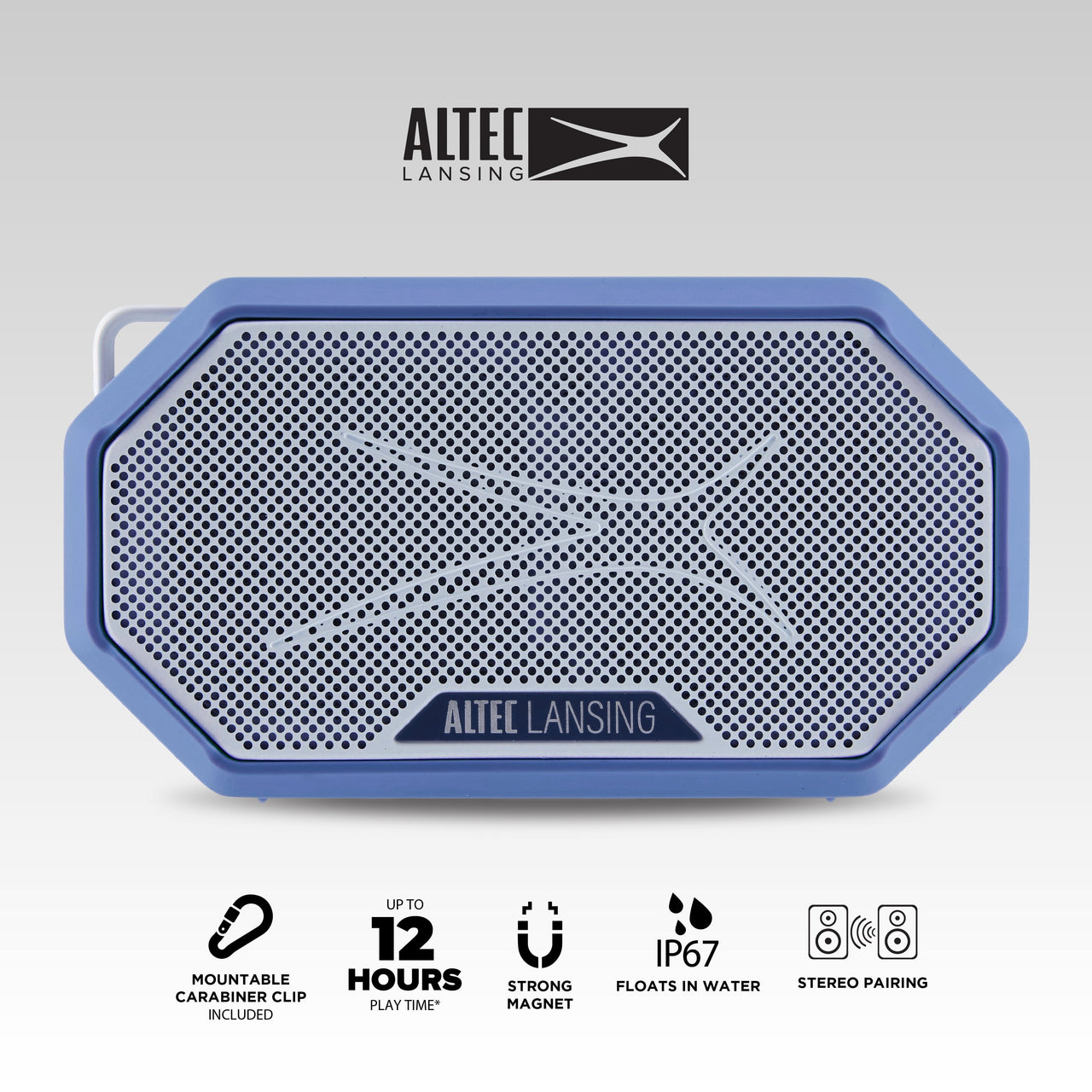 Altec Lansing HydraMini 2.0 EverythingProof Bluetooth Speaker, Waterproof IP67, Floats, 12-Hour Playtime, Built-In Magnet, Carabiner & Mount, Blue White