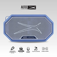 Altec Lansing HydraMini 2.0 EverythingProof Bluetooth Speaker, Waterproof IP67, Floats, 12-Hour Playtime, Built-In Magnet, Carabiner & Mount, Blue White