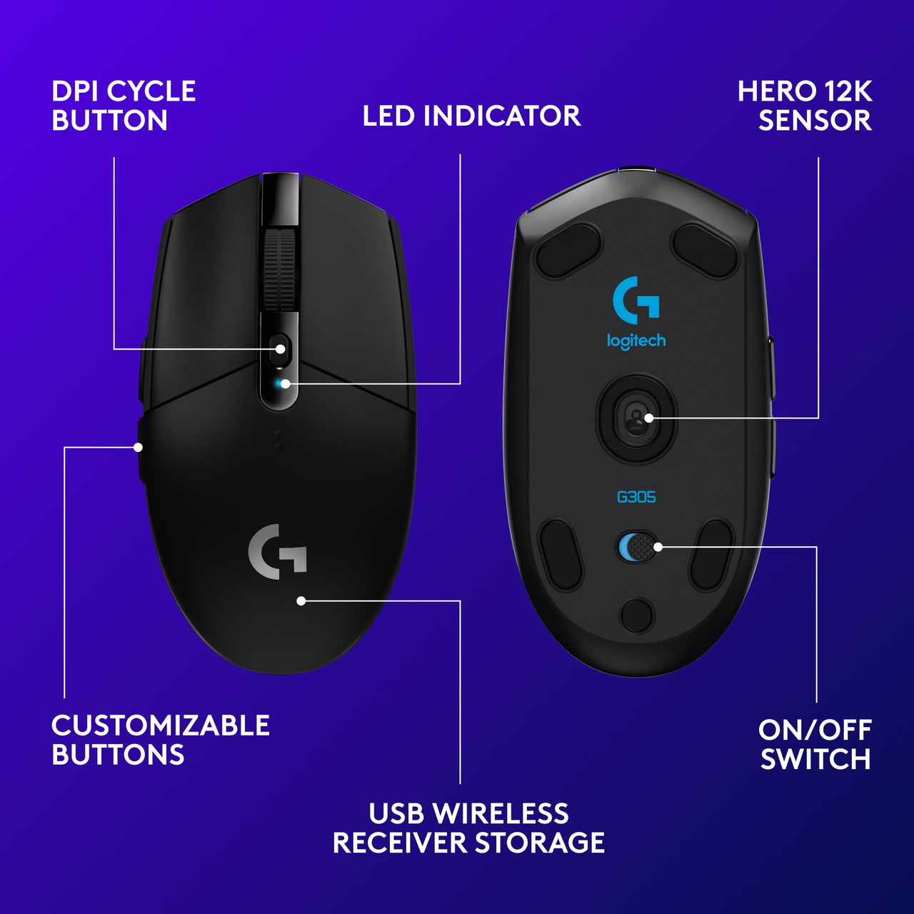 Logitech G305 LIGHTSPEED Wireless Gaming Mouse, HERO Sensor, 12,000 DPI, Lightweight, 6 Programmable Buttons, 250h Battery, On-Board Memory, Compatible with PC, Mac, Black