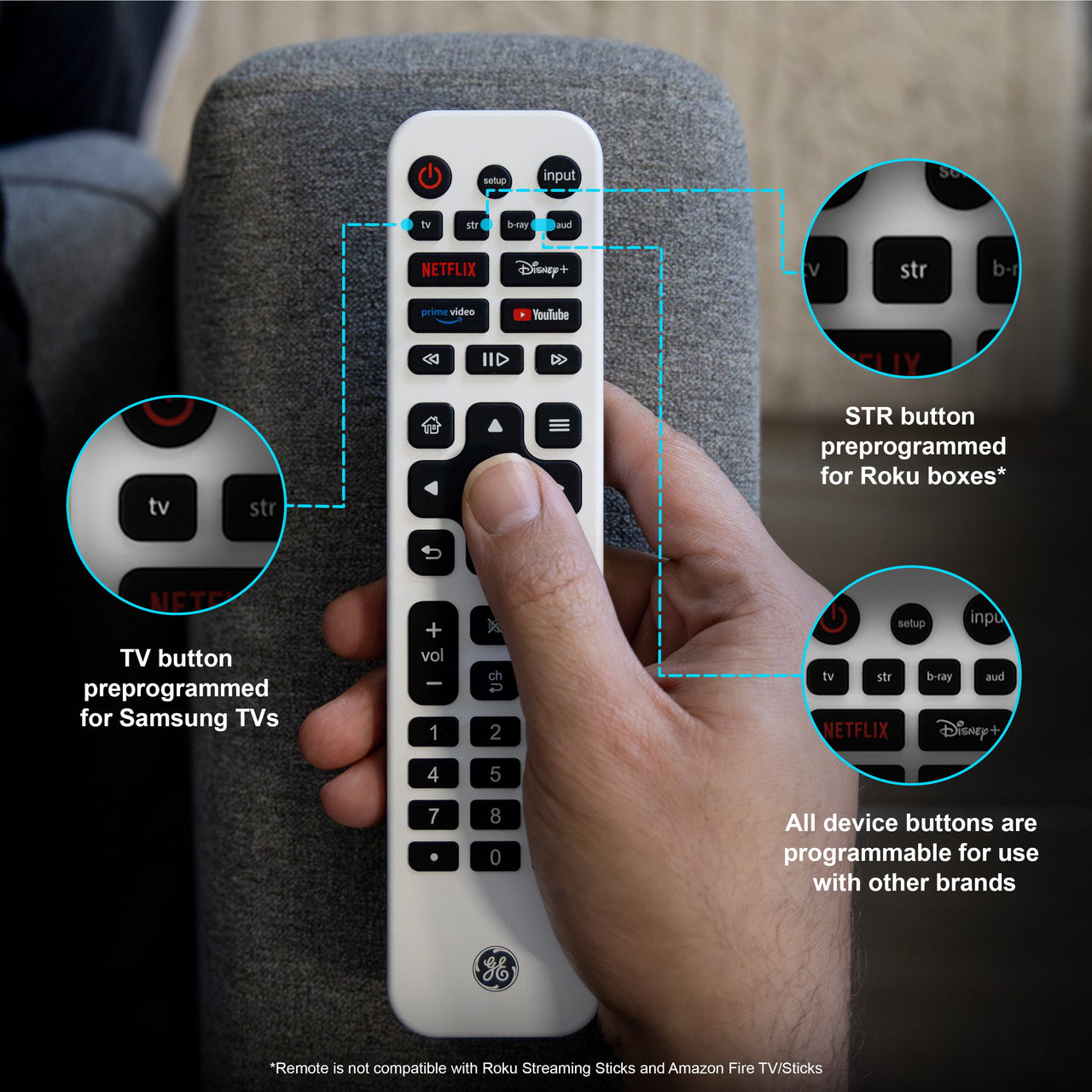 GE Universal Remote Control, 4 Device, Backlit, Rechargeable, Artic White, 80984