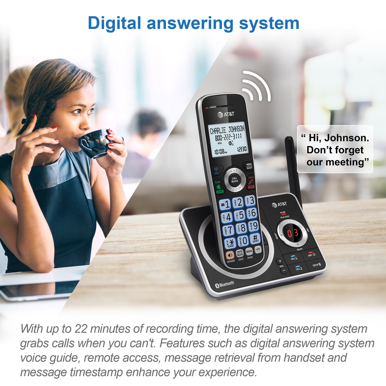 AT&T 4-Handset Expandable Cordless Phone with Unsurpassed Range, Bluetooth Connect to Cell, Smart Call Blocker and Answering System, DLP72412 (Black)