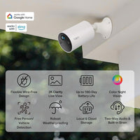 TP-Link Tapo Wireless Indoor/Outdoor 2K Security Camera, Waterproof, Rechargeable, Battery-Powered, Install Anywhere, Local or Cloud Storage - Subscription not Required, Two-Way Audio - TC82