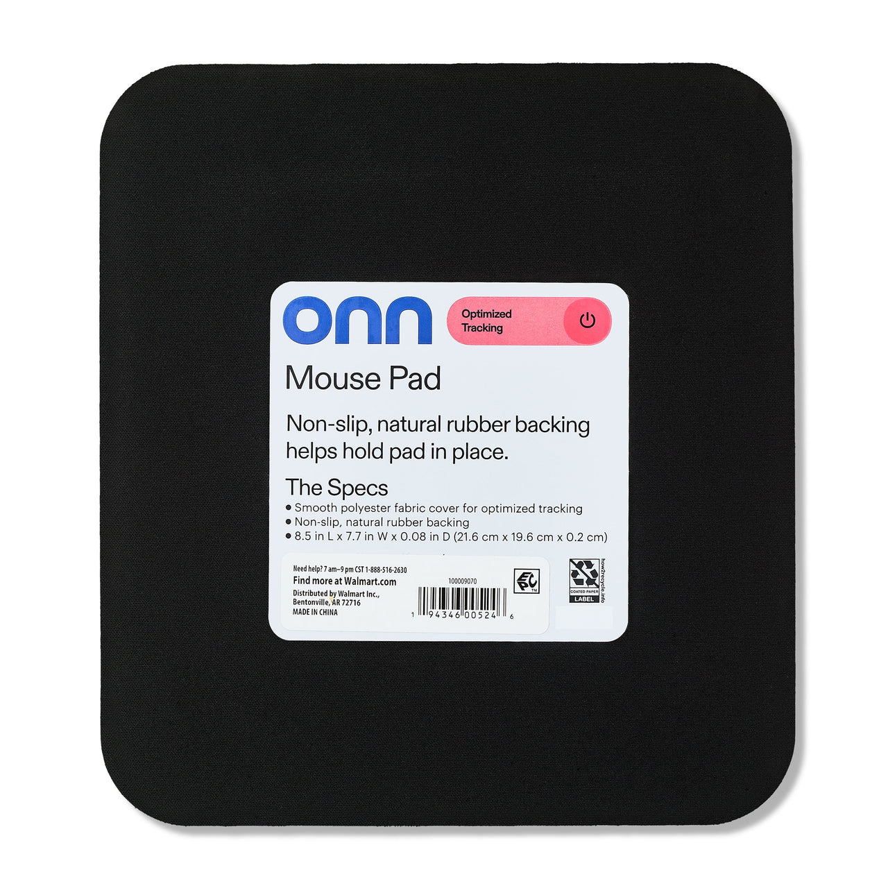 onn Mouse Pad, square, polyester surface with non-slip natural rubber backing, black