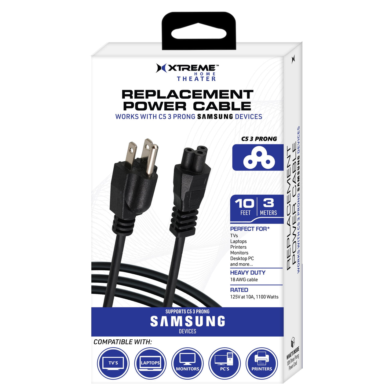 Xtreme 3 Prong 10ft Replacement Power Cable for Samsung and LG Computers, TV, New Monitors