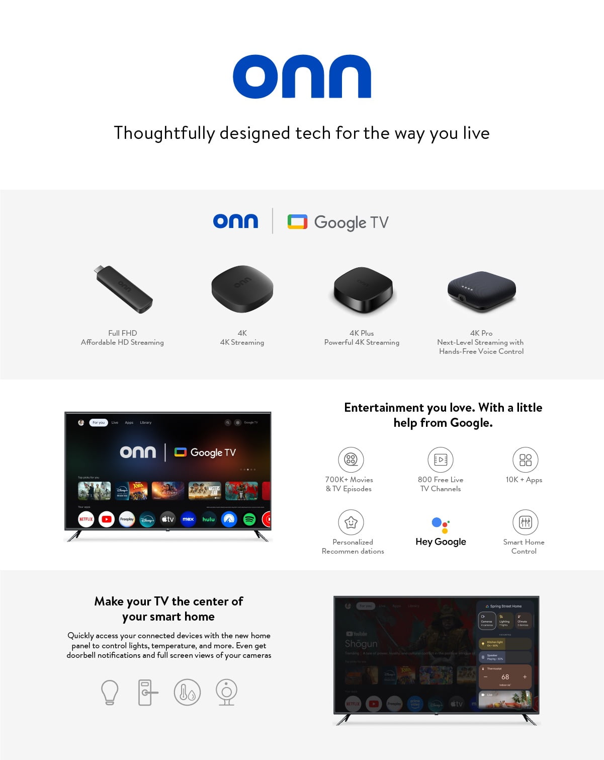 onn 4K Plus Streaming Device, Google TV - Ultra-fast Streaming, Stunning 4K UHD, 16GB Storage, 2GB RAM, Dolby Vision & Atmos, Remote with Voice Control