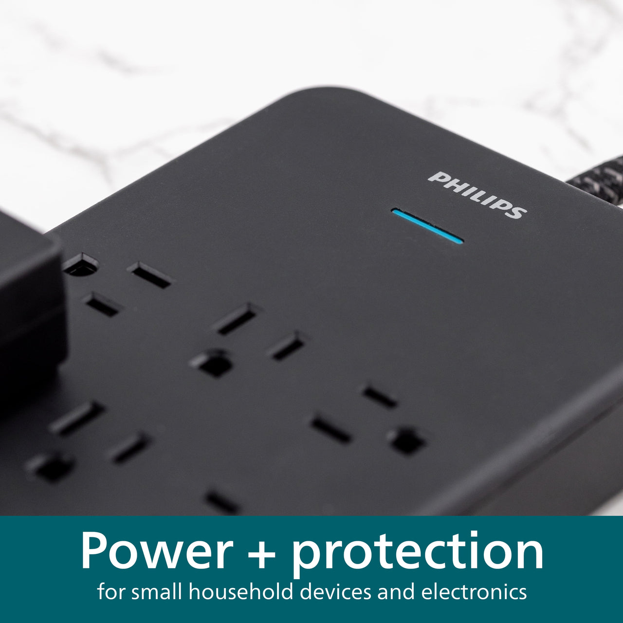 Philips Surge Protector, 12 Outlet, Adapter-Spaced, 3500J, Braided Cord, 6ft, Black,