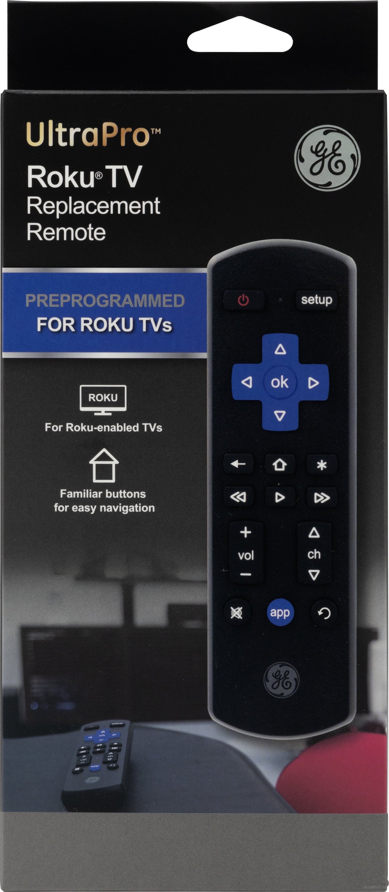 GE Roku TV Direct Replacement TV Remote Control in Black, 66814