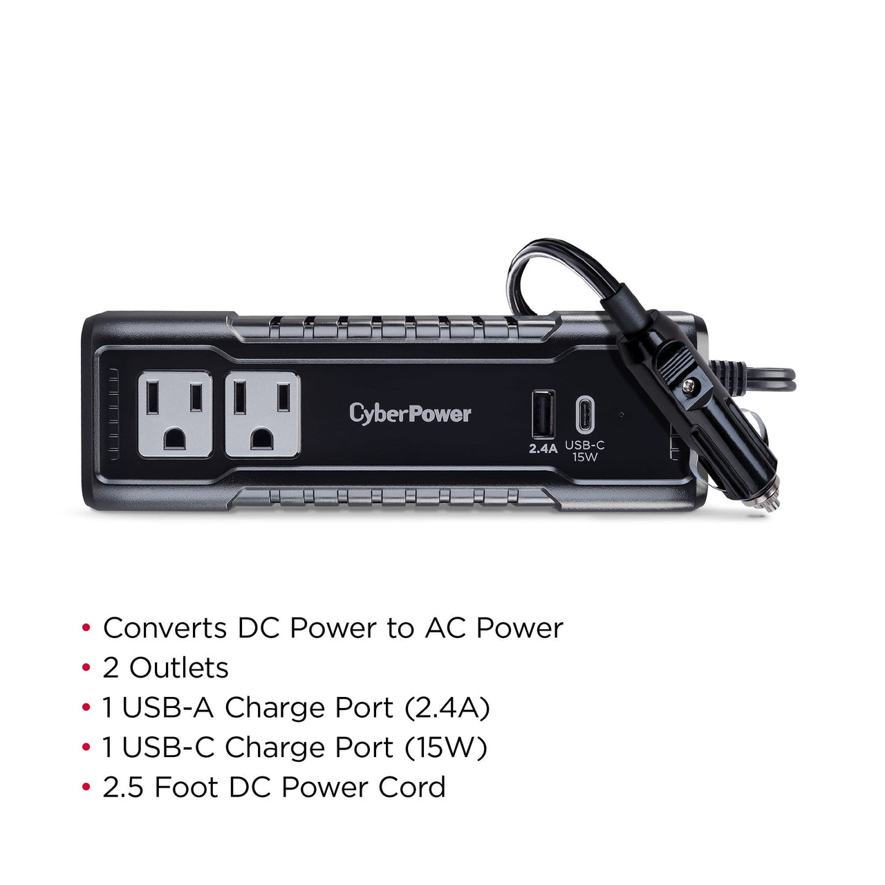 CyberPower M175XUC - 175W Black Power Inverter with 2 AC Outlets, 1 USB-C & 1 USB-A Port, 2.5 ft Cord