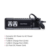 CyberPower M175XUC - 175W Black Power Inverter with 2 AC Outlets, 1 USB-C & 1 USB-A Port, 2.5 ft Cord