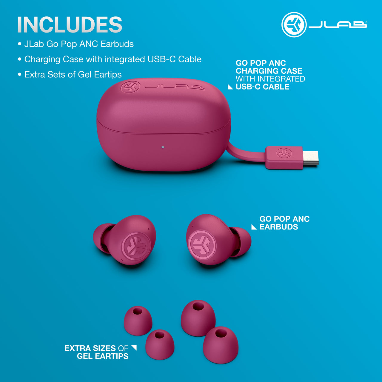 JLab GO Pop Active Noise Cancelling Bluetooth Earbuds, Charging Case, Fuchsia
