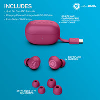 JLab GO Pop Active Noise Cancelling Bluetooth Earbuds, Charging Case, Fuchsia