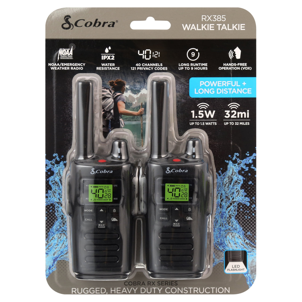 Cobra RX385 Two-Way Radios (Pair) Rugged and Water Resistant Walkie Talkies, up to 32 mile Extended Range & 40 Channels, NOAA Weather Chanels and Weather Alerts