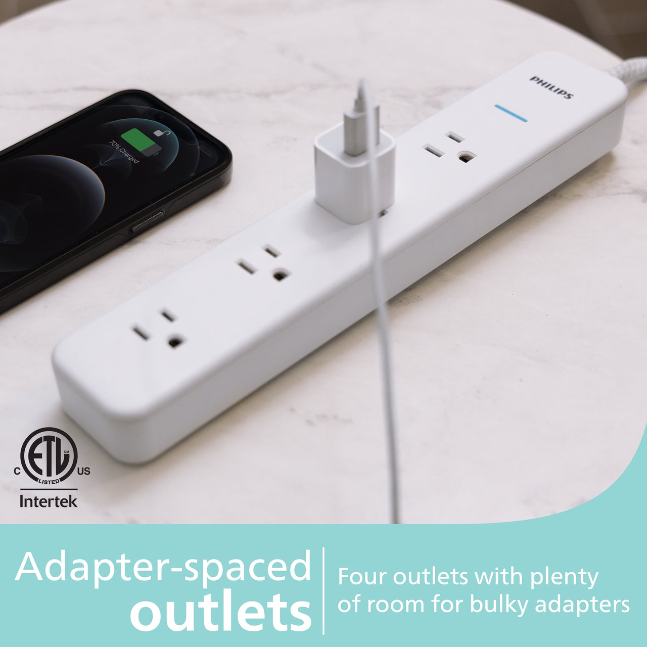 Philips Surge Protector, 4 Outlet, Adapter-Spaced, 450J, Braided Cord, 4ft, White