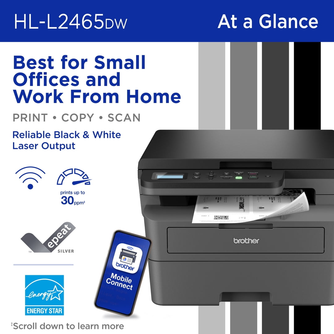 Brother Wireless HL-L2465DW Compact Monochrome Multi-Function Laser Printer with Print, Copy and Scan, Duplex and Mobile Printing
