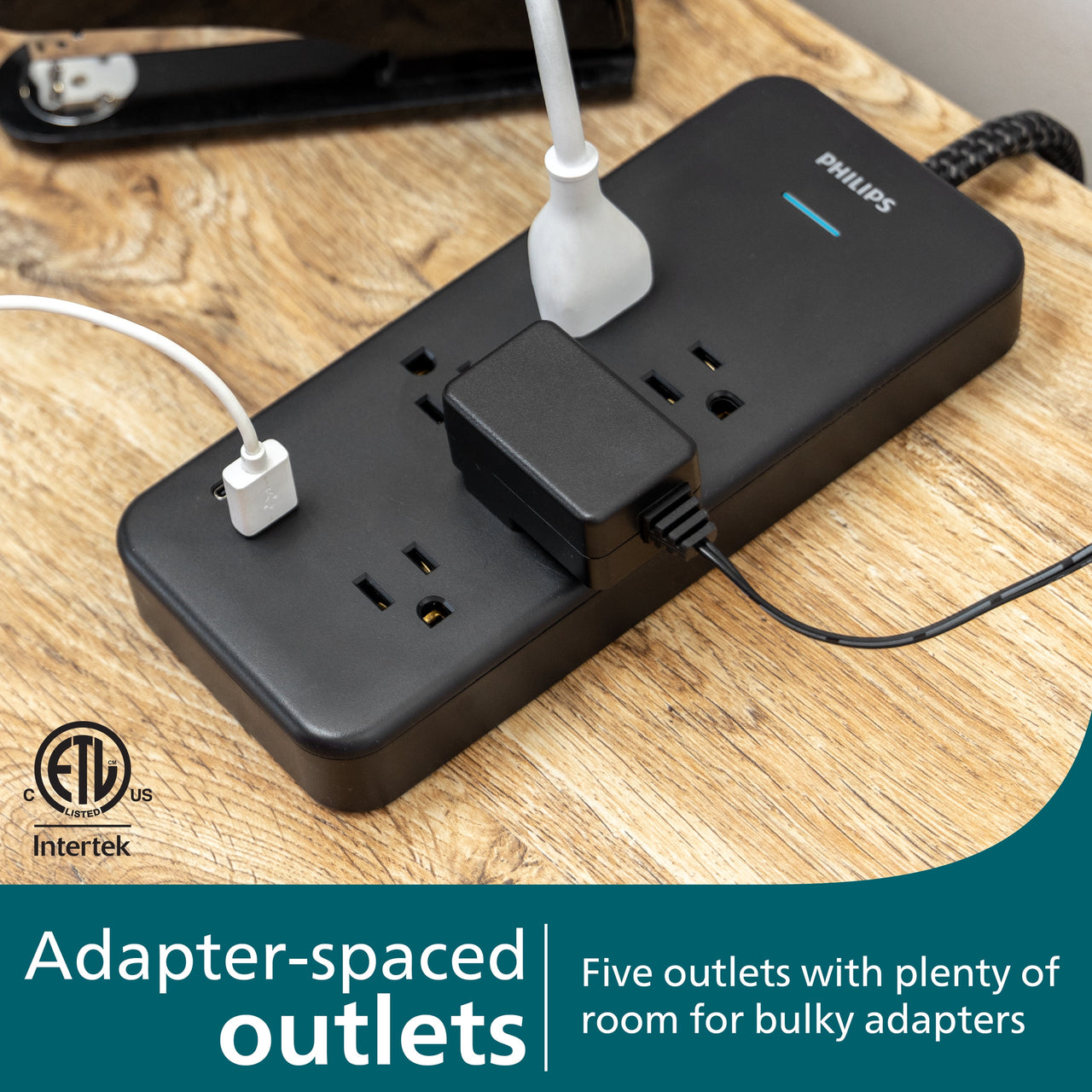 Philips 6-ft 5-Outlet Surge Protector, 1 USB-a, 1 USB-C, 15W, 1500J, Braided Cord, Black