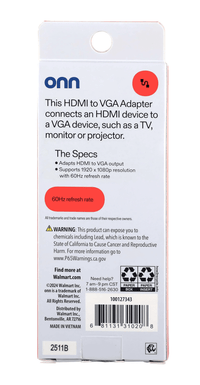 onn HDMI to VGA Adapter, HDMI Male to VGA Female, 1080p 2K Support, Gold-Plated Connectors, 8 Inch, Black