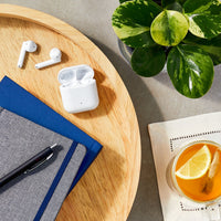 onn Bluetooth Wireless Earphones with Environmental Noise Canceling Microphones and Charging Case, White
