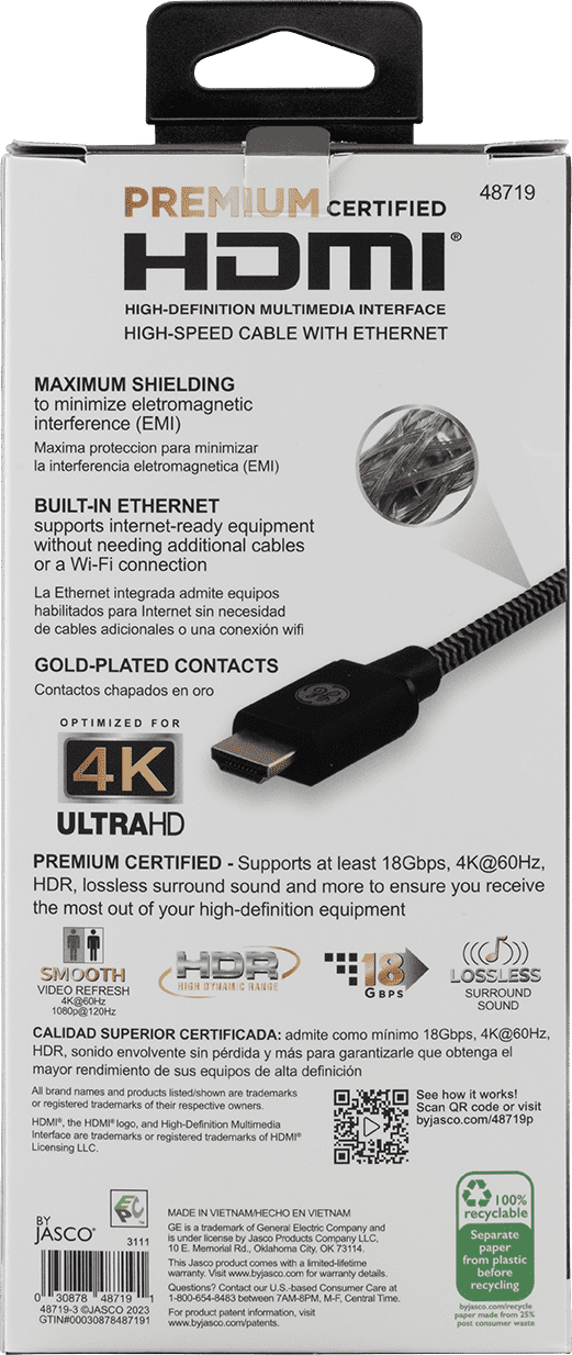 GE 4ft 4K HDMI 2.0 Cable with Built-in Ethernet, Gold-plated connectors, 48719
