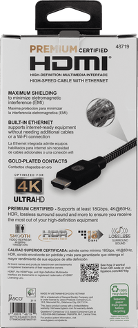 GE 4ft 4K HDMI 2.0 Cable with Built-in Ethernet, Gold-plated connectors, 48719