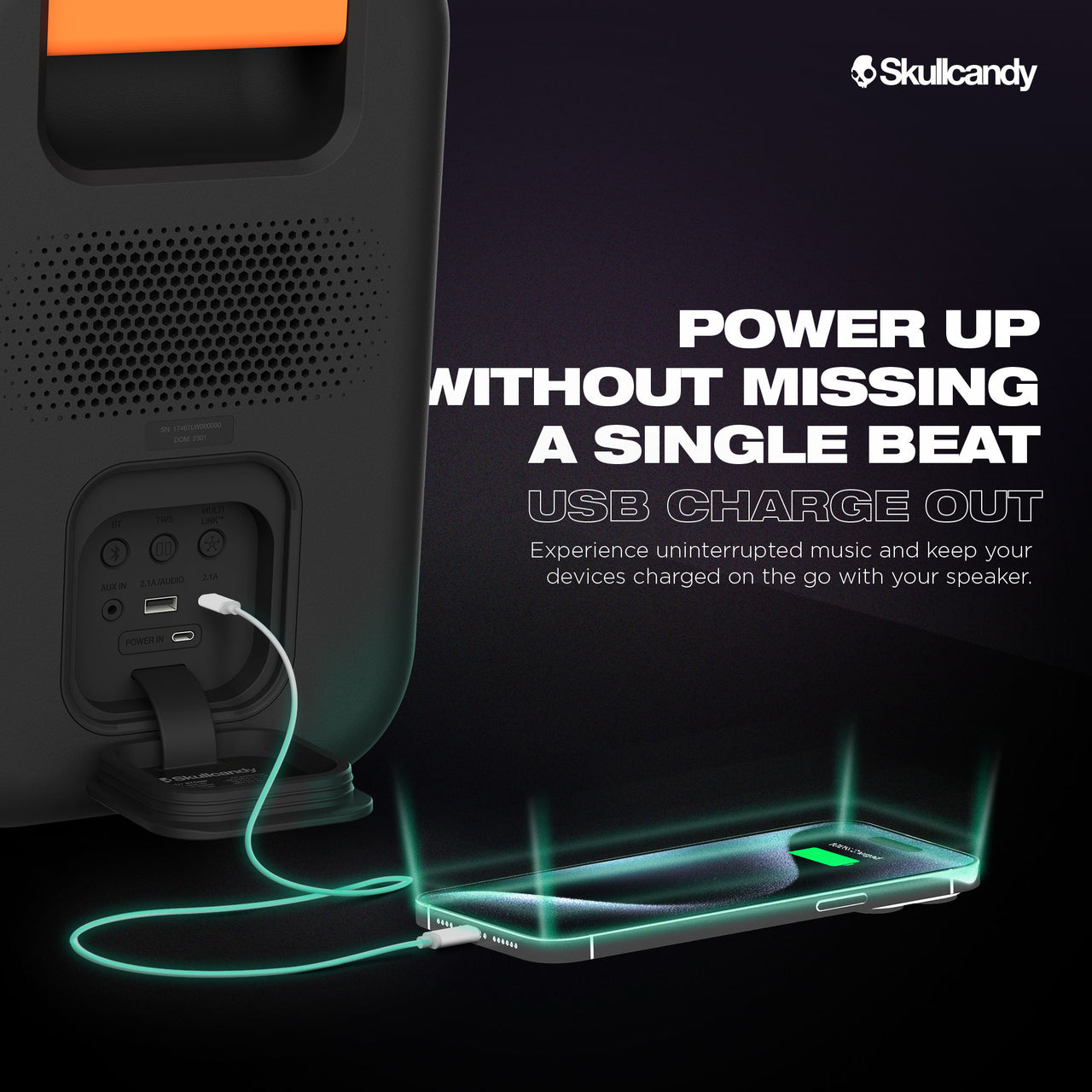 Skullcandy Stomp Waterproof USB Charge Out LED Lighting Wireless Bluetooth Portable Speaker, Black