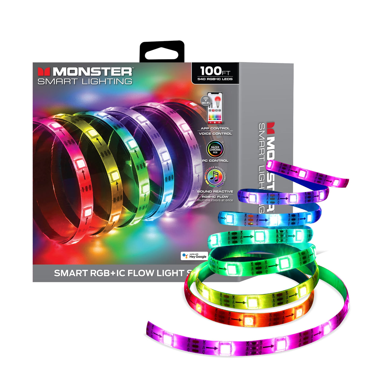 Monster Smart Lighting Indoor LED Strip Lights, RGBIC Multicolor Flow LED Lights, for Christmas, Halloween, Party, Gameday and More, 100’