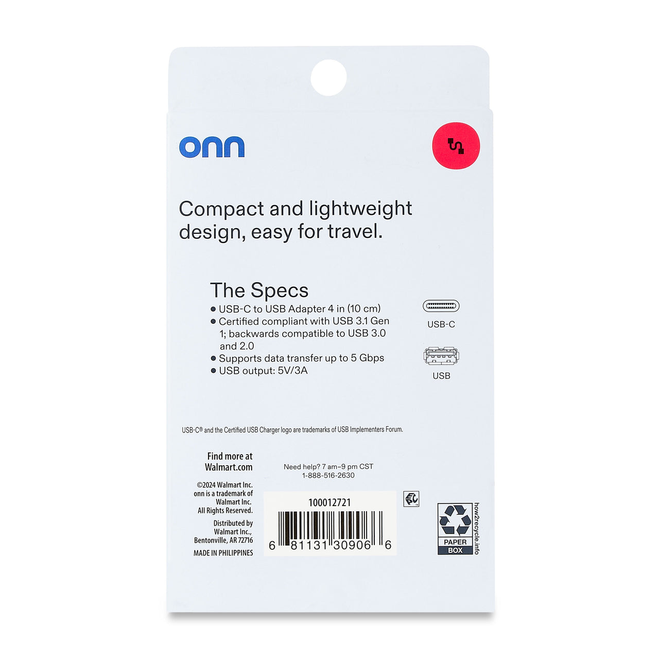 onn USB-C to USB Female Adapter, 4", 1 Piece per Pack, Black